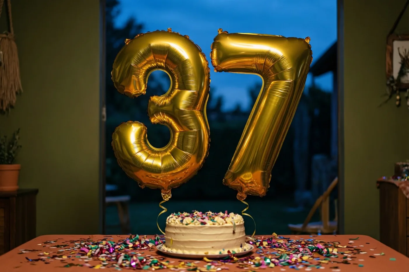 Gouden folieballonnen in de vorm van 3 en 7 hangen boven een taart op een tafel met confetti, met door een deuropening zicht op de blauwe schemering buiten.