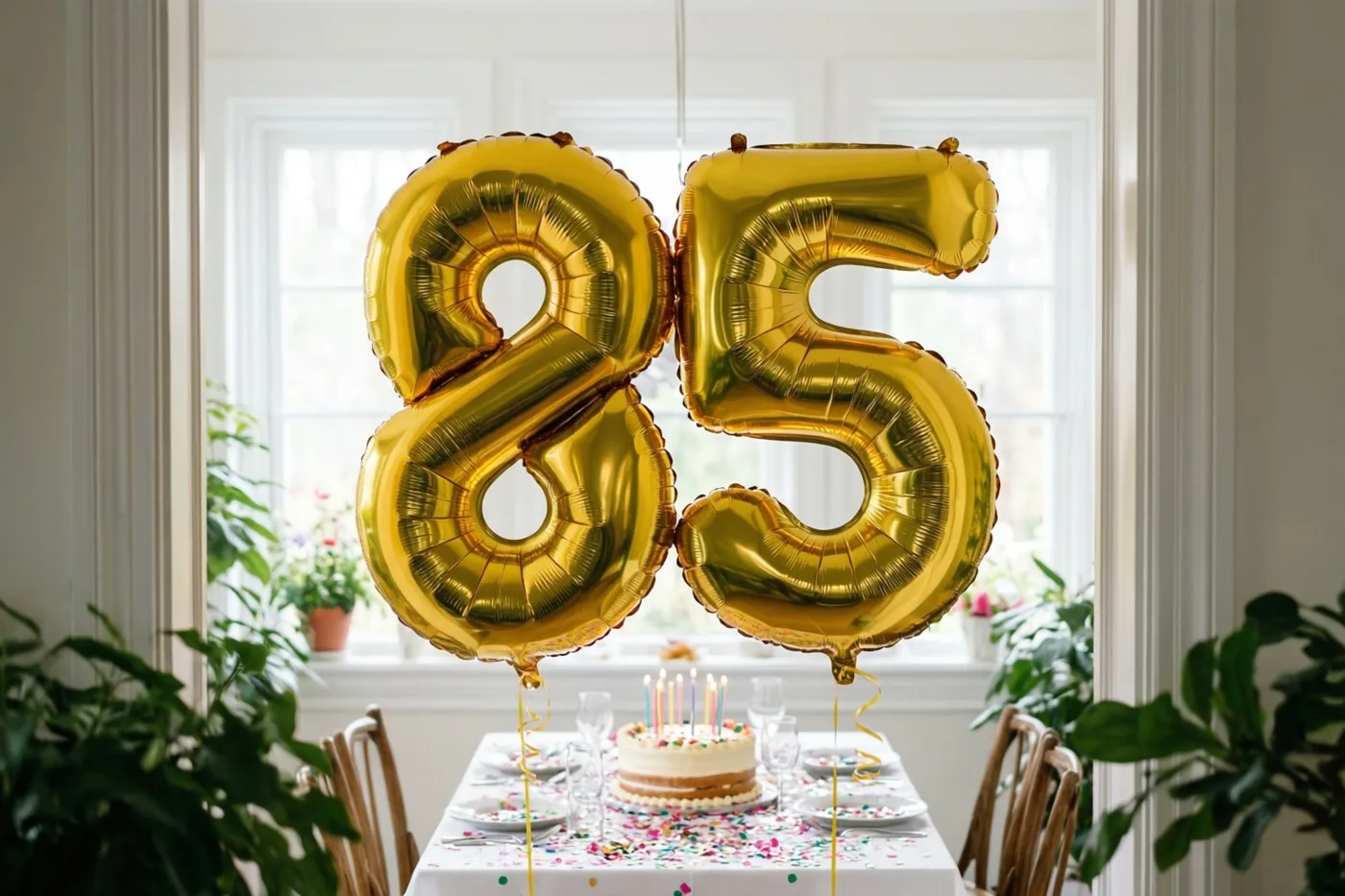 Gouden folieballonnen vormen 85 boven een feesttafel met taart, confetti en glazen bij een raam met natuurlijk licht.
