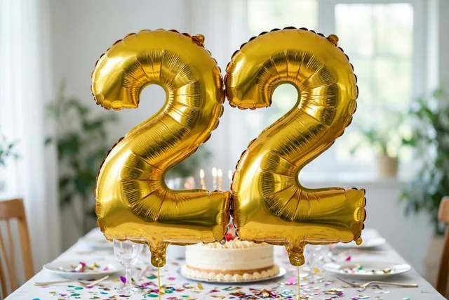 Twee gouden cijferballonnen vormen 22 boven een tafel met kleurrijke confetti en achteraan een taart met brandende kaarsjes.