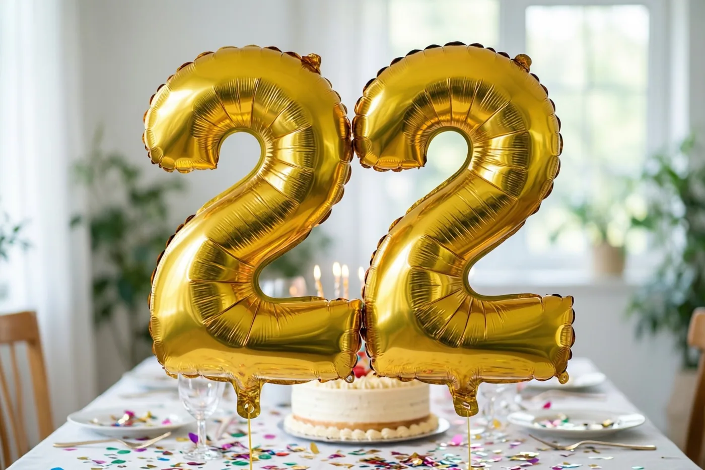 Twee gouden cijferballonnen vormen 22 boven een tafel met kleurrijke confetti en achteraan een taart met brandende kaarsjes.