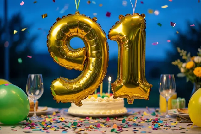 Gouden cijferballonnen vormen 91 boven een buitentafel met confetti, een taart en glazen in de schemering.