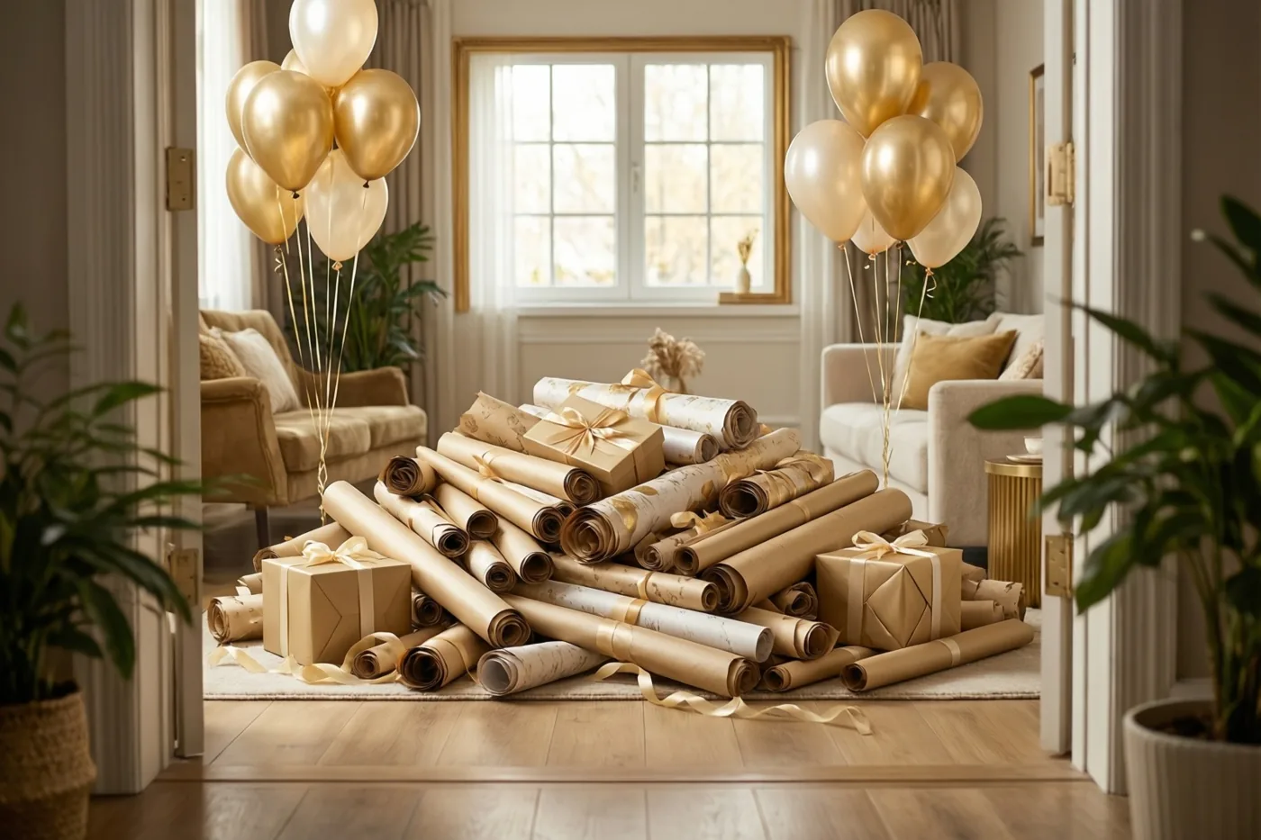 Op de vloer van een warm verlichte woonkamer met beige meubels en groene planten liggen rollen goudkleurig inpakpapier, cadeauverpakkingen en linten onder gouden ballonnen.