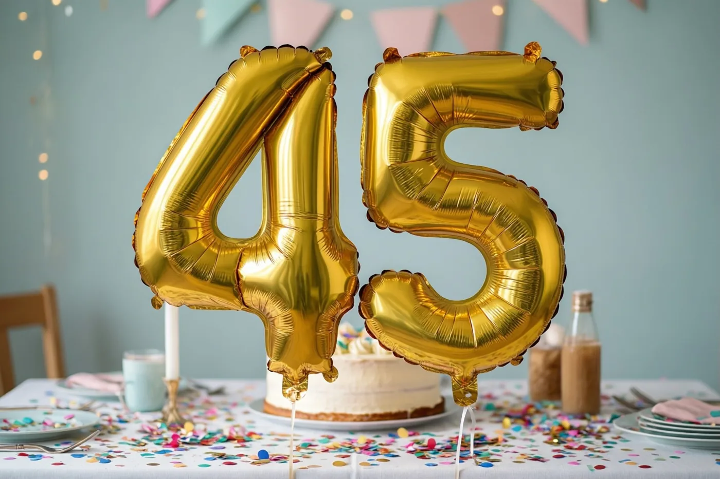 Grote gouden folieballonnen in de vorm van 4 en 5 zweven boven een feestelijk versierde tafel met kleurrijke confetti, met taart en feestversiering op de achtergrond.