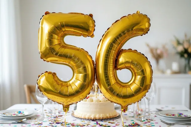 Grote glanzende gouden folieballonnen vormen 56 boven een feestelijk gedekte tafel met een taart en kleurrijke confetti.