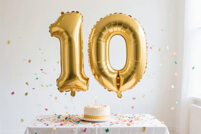 Twee grote goudkleurige folieballonnen vormen het getal 10 boven een witte tafel met confetti en een kleine taart met één kaars, tegen een witte muur.