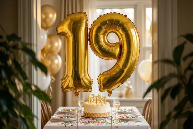 Gouden cijferballonnen vormen 19 boven een tafel met taart, confetti en glazen, in zacht daglicht van een raam.