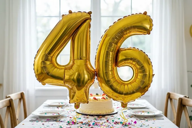 Gouden folieballonnen vormen het getal 46 boven een feestelijk gedekte tafel met taart en confetti, in daglicht van een raam.