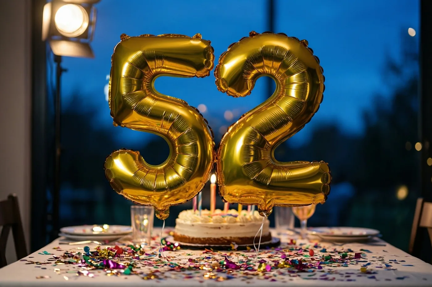 Gouden cijferballonnen vormen 52 boven een tafel met kleurrijke confetti en een verjaardagstaart met kaarsjes, met een blauwe avondlucht achter het raam.