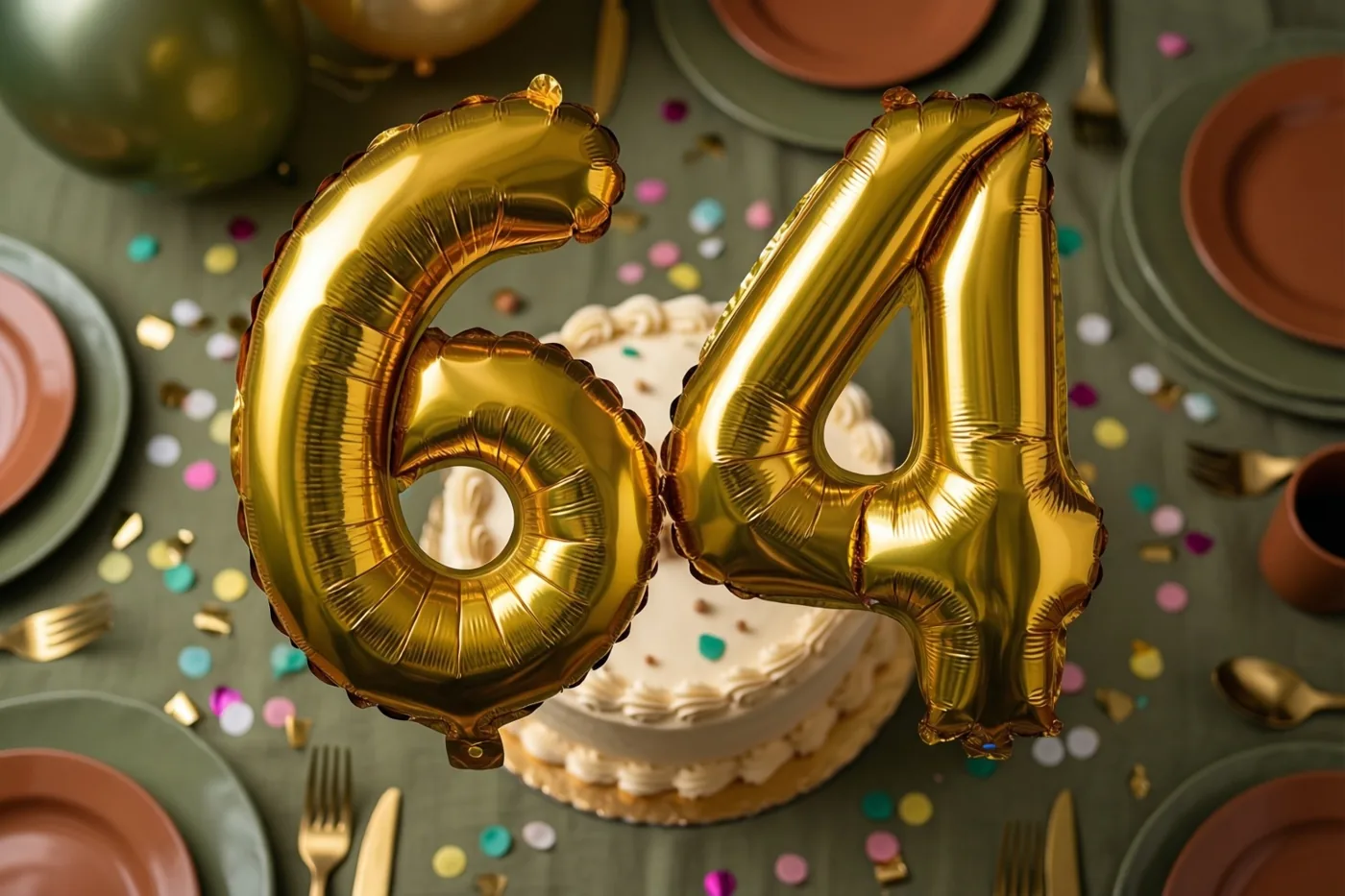Gouden folieballonnen vormen het getal 64 boven een tafel met een gedempt groen tafellaken, borden, bestek, een taart en gekleurde confetti.