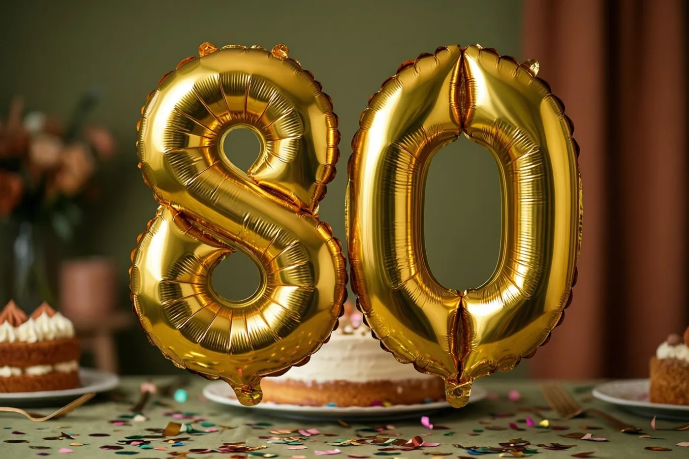 Twee grote, glanzende gouden folieballonnen vormen het getal 80 boven een tafel met kleurrijke confetti en een taart op de achtergrond, tegen een gedempte groenbruine achtergrond.