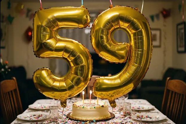 Grote gouden folieballonnen vormen 59 boven een feestelijk gedekte tafel met een taart, borden en confetti in een warm verlichte kamer.