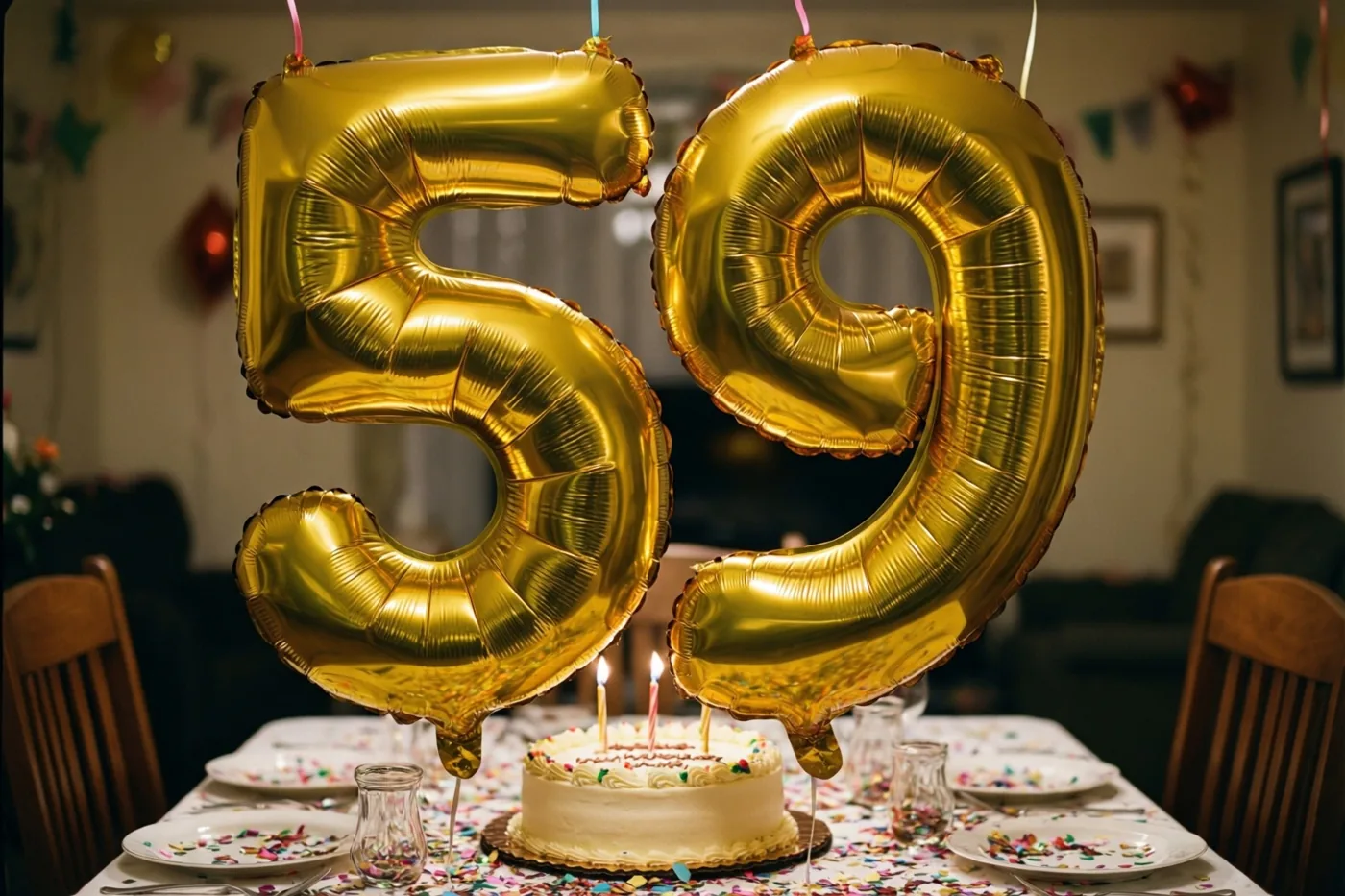 Grote gouden folieballonnen vormen 59 boven een feestelijk gedekte tafel met een taart, borden en confetti in een warm verlichte kamer.