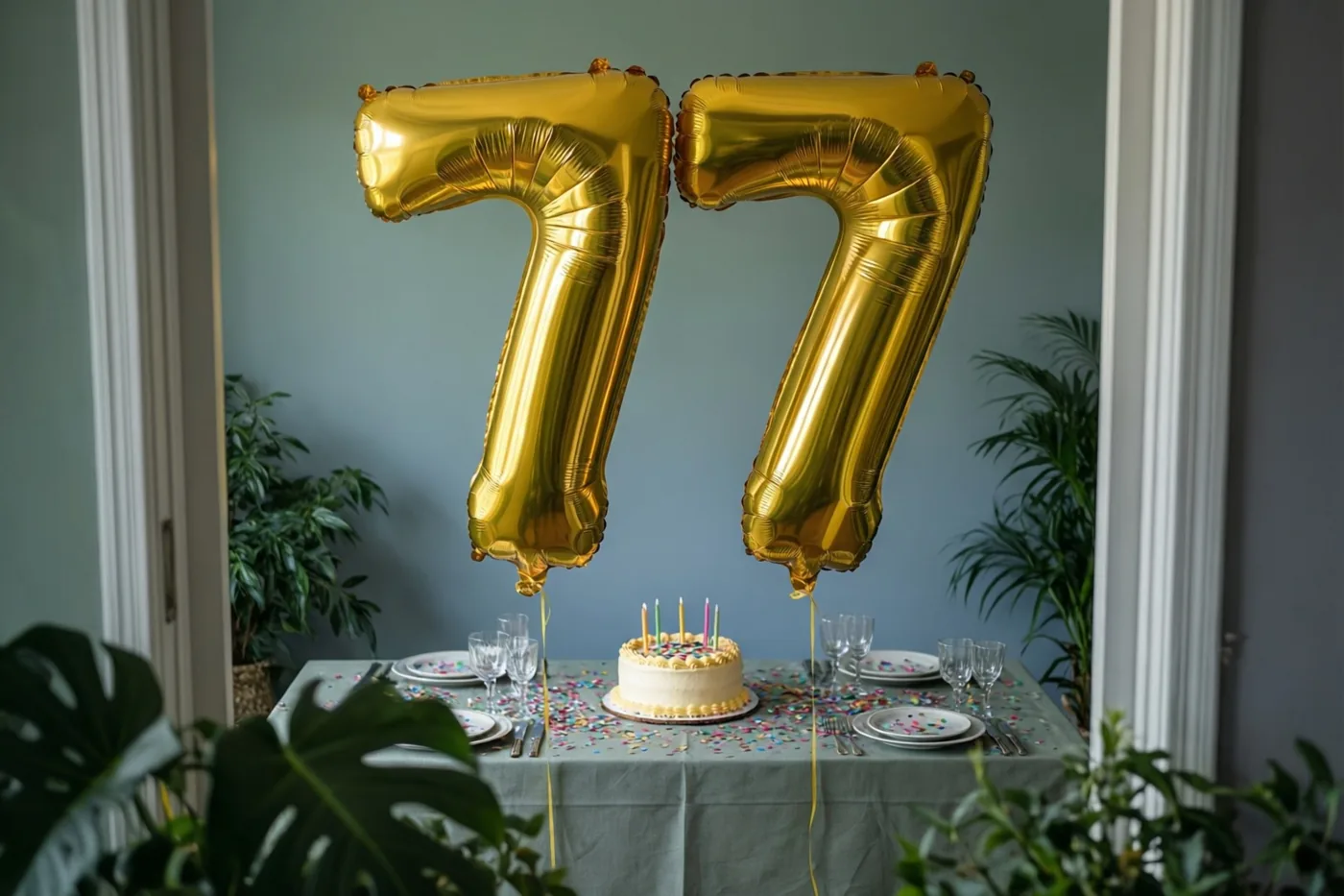 Twee gouden folieballonnen vormen 77 boven een feesttafel met taart, borden, glazen en confetti, met planten en een blauwgrijze muur op de achtergrond.
