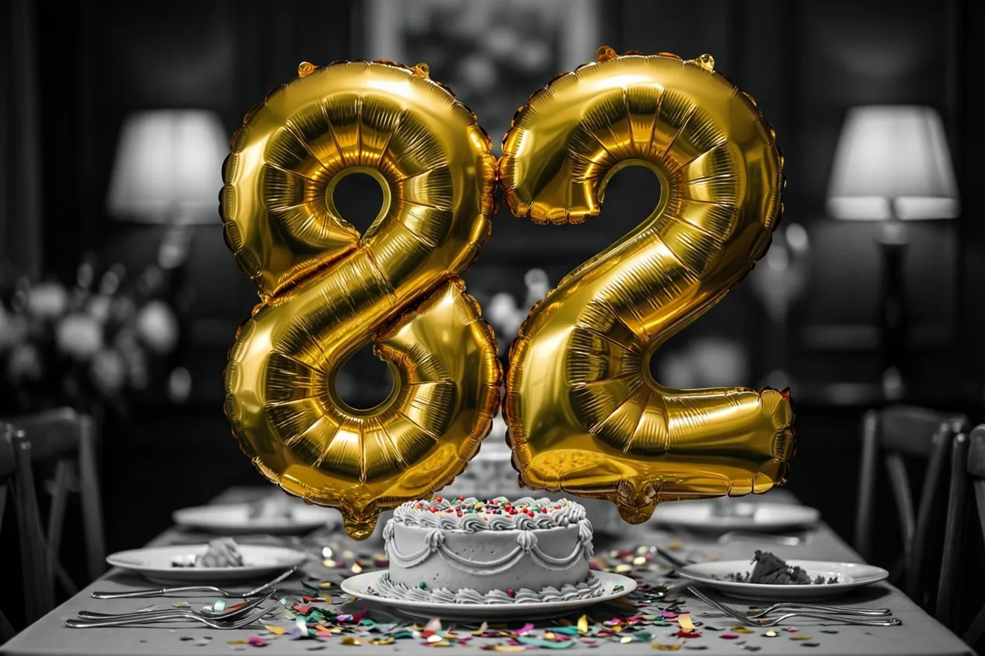 Twee grote glanzende gouden folieballonnen in de vorm van 8 en 2 zweven boven een tafel met taart, borden, bestek en confetti in een gedempte kamer met lampen.