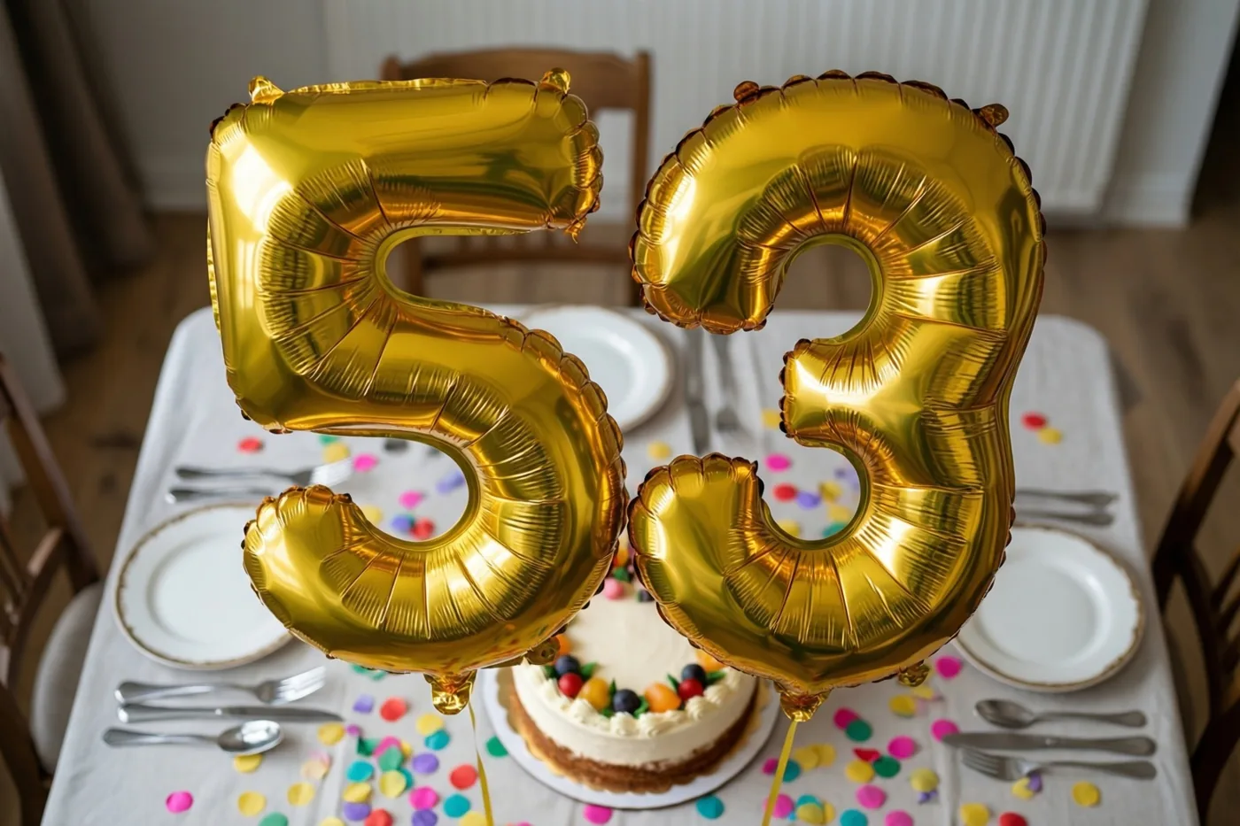 Gouden folieballonnen in de vorm van 5 en 3 zweven boven een tafel met een wit tafelkleed, borden, bestek, een taart en gekleurde confetti.