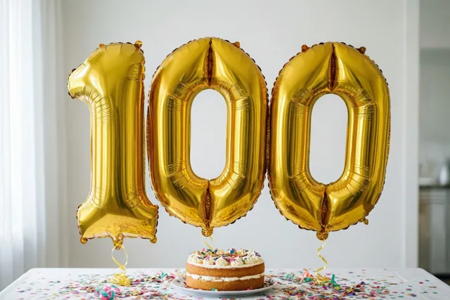Drie gouden folieballonnen vormen 100 boven een tafel met een kleine taart en confetti in een helder verlichte ruimte met witte achtergrond.