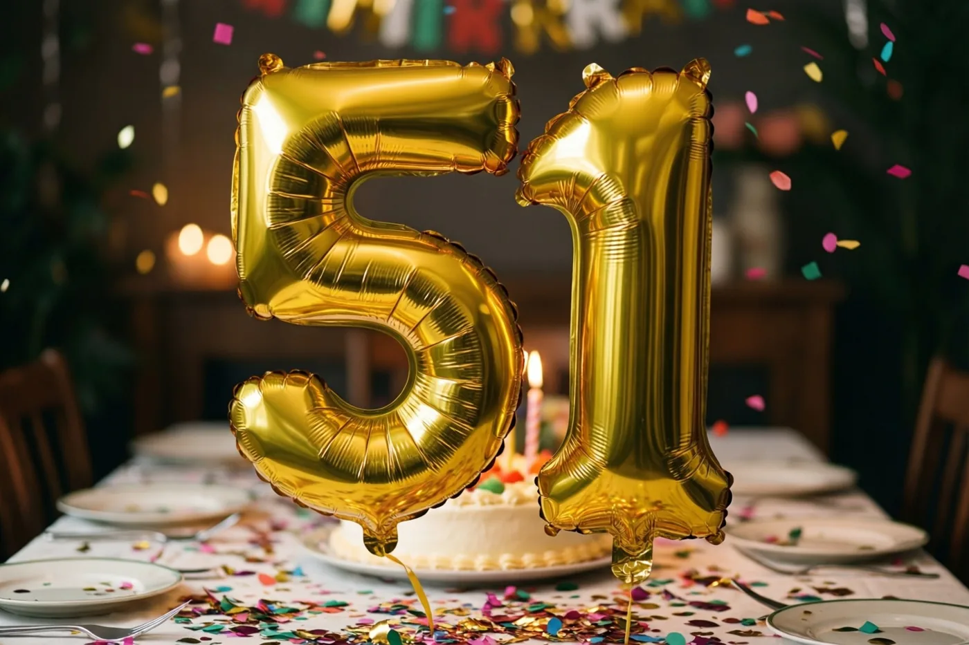 Grote glanzende gouden folieballonnen 5 en 1 zweven boven een feesttafel met kleurrijke confetti, met een taart en kaarsen op de achtergrond.
