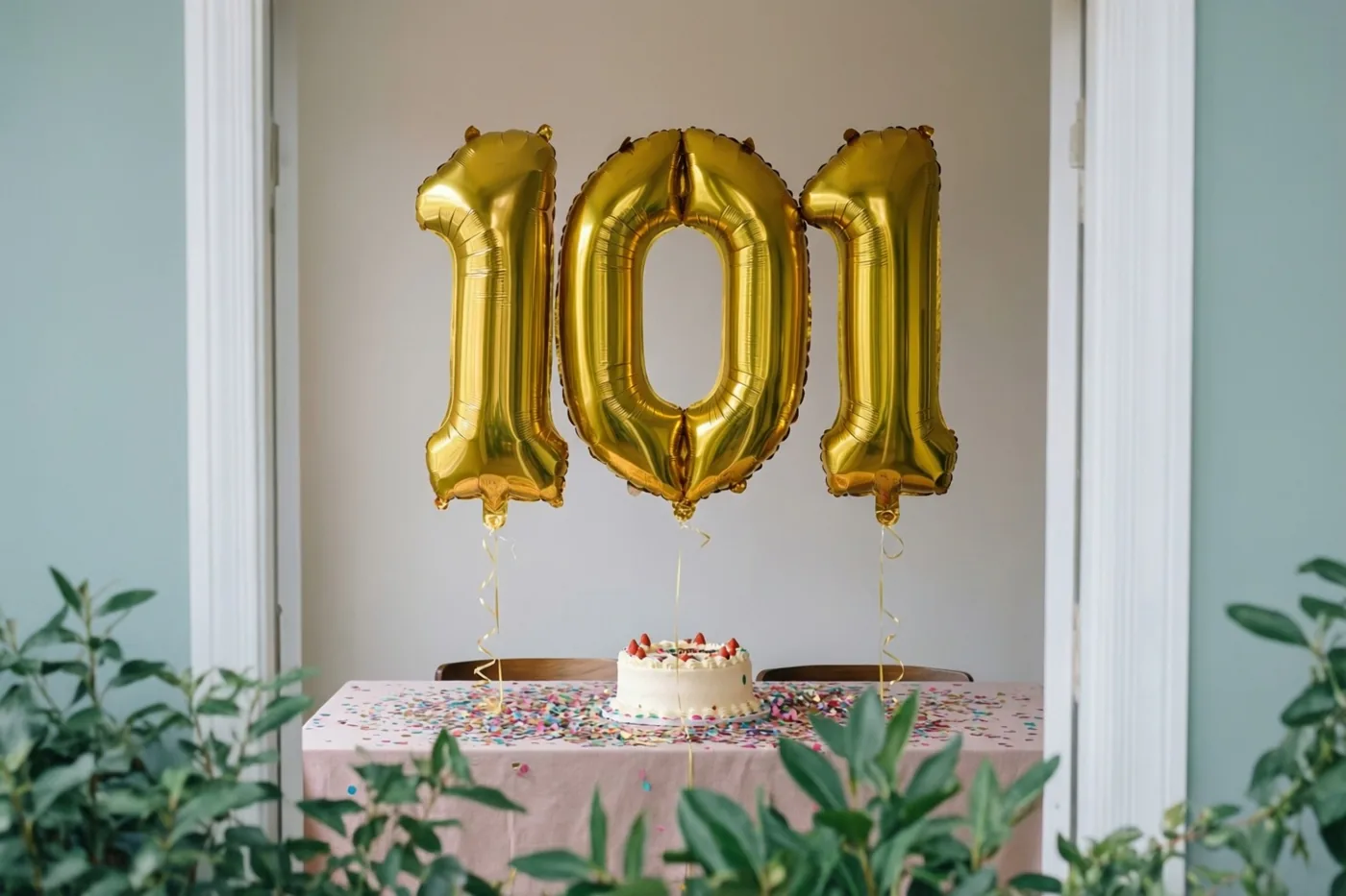 Drie gouden folieballonnen vormen 101 boven een tafel met een roze kleed, kleurrijke confetti en een kleine taart, in een kamer met lichte muren en groene planten vooraan.
