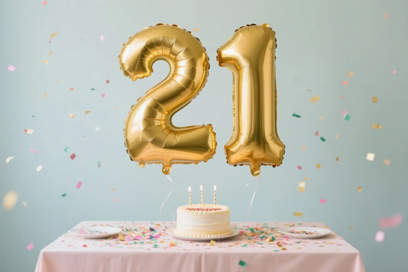 Gouden folieballonnen vormen het getal 21 boven een tafel met een roze kleed, confetti en een wit taartje met drie brandende kaarsen tegen een lichtblauwe achtergrond.