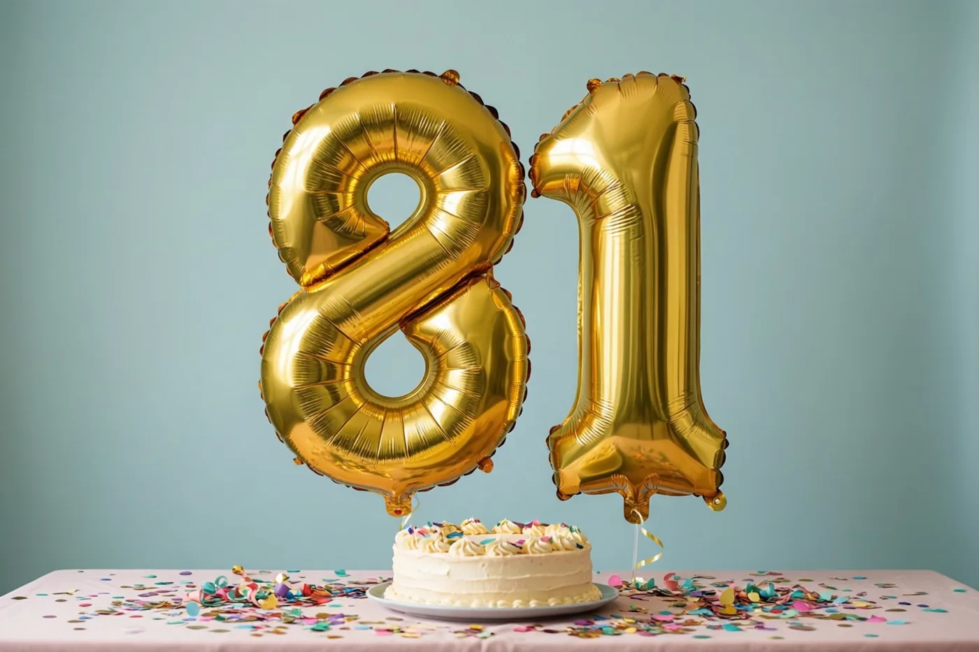 Grote gouden folieballonnen vormen 81 boven een tafel met een roze tafelkleed, taart en confetti, tegen een effen lichtblauwe muur.