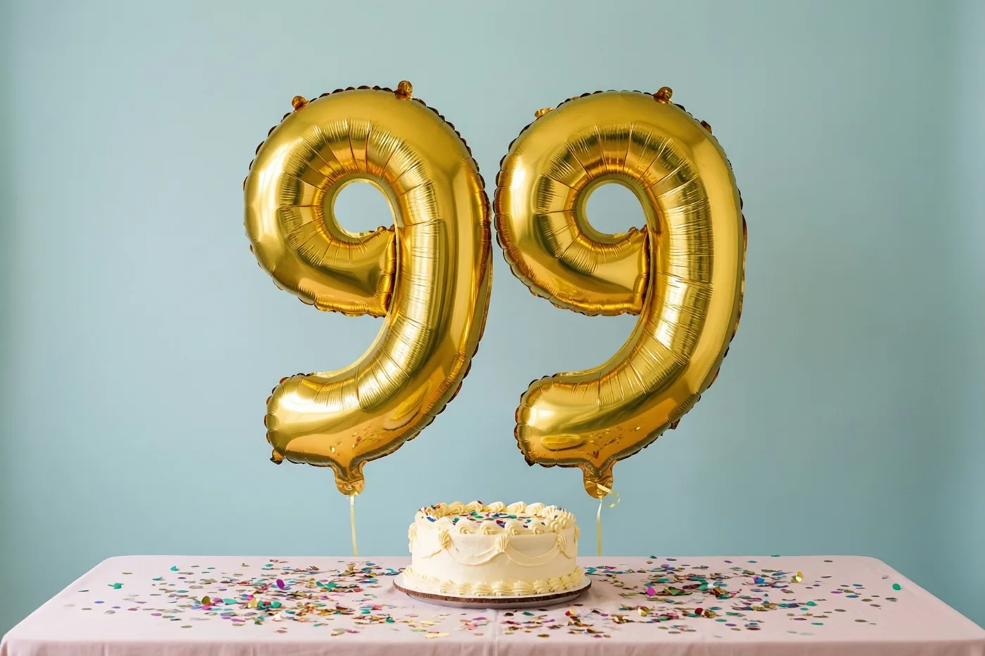 Twee grote gouden folieballonnen vormen 99 boven een roze tafelkleed met confetti en een kleine witte taart, tegen een effen lichtblauwe muur.
