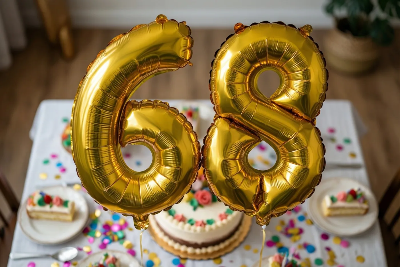 Gouden folieballonnen in de vorm van 6 en 8 zweven boven een tafel met een wit kleed, kleurrijke confetti, een taart en stukken taart op borden.