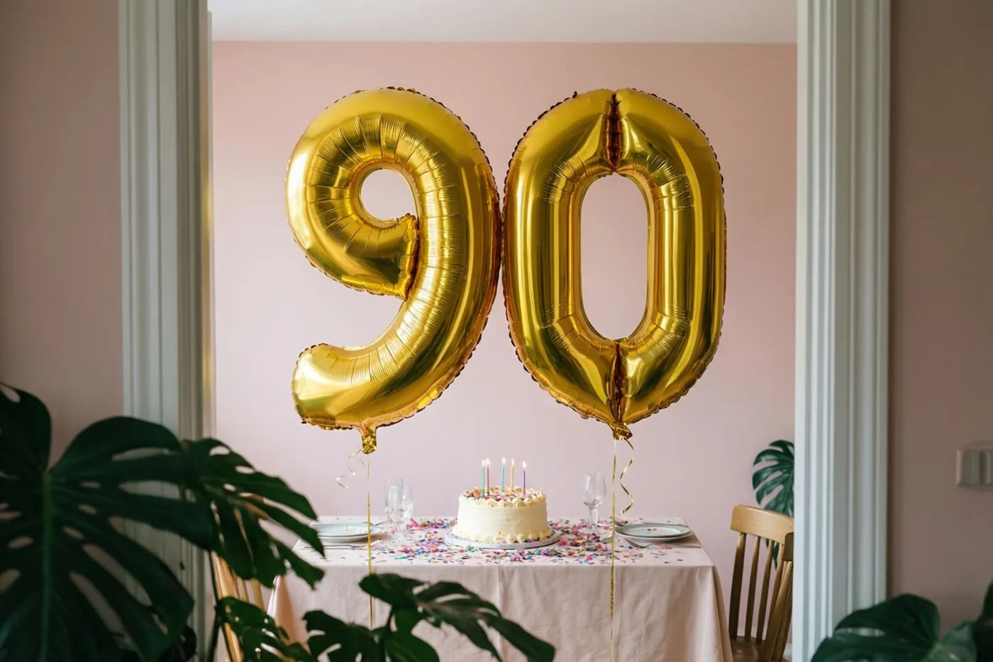 Gouden folieballonnen in de vorm van 90 zweven boven een tafel met taart, kaarsen en confetti in een kamer met roze muren en groene planten.