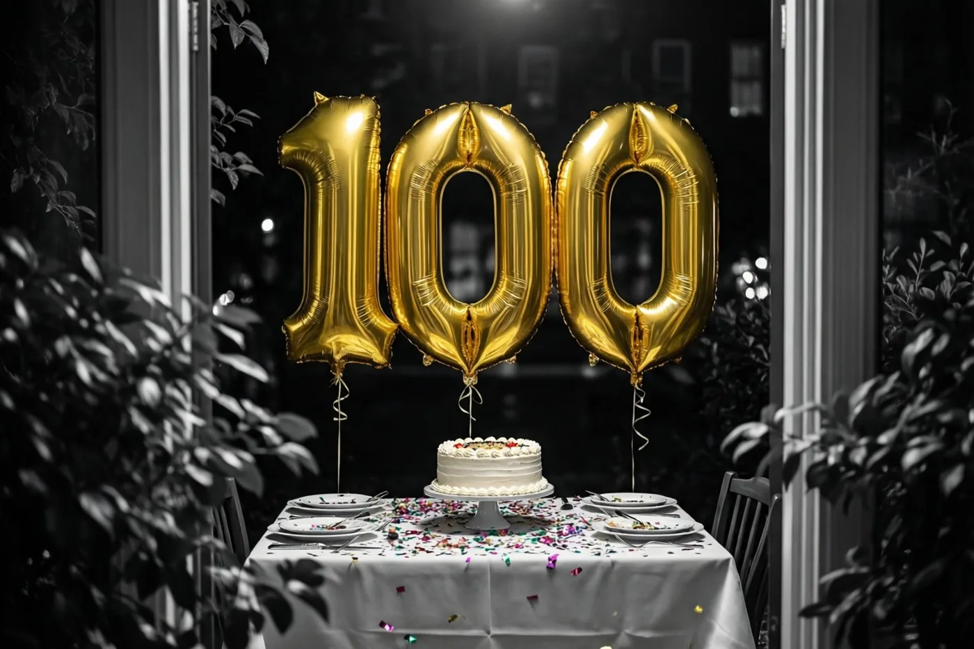 Drie grote gouden folieballonnen vormen 100 boven een tafel met taart en confetti, met planten rondom en een zwart-witte achtergrond bij nacht.