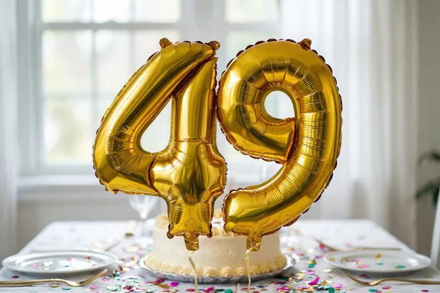 Grote glanzende gouden folieballonnen 49 zweven boven een tafel met een taart en verspreide confetti, verlicht door daglicht uit een raam op de achtergrond.