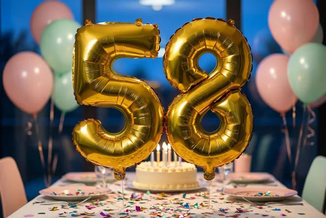 Gouden ballonnen in de vorm van 58 hangen boven een tafel met confetti en een verjaardagstaart, met pastelballonnen op de achtergrond.