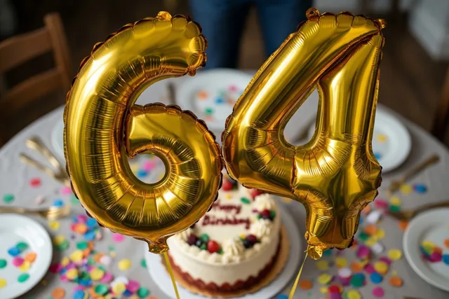 Twee grote glanzende gouden folieballonnen in de vorm van een 6 en een 4 zweven boven een feesttafel met gekleurde confetti en een verjaardagstaart.