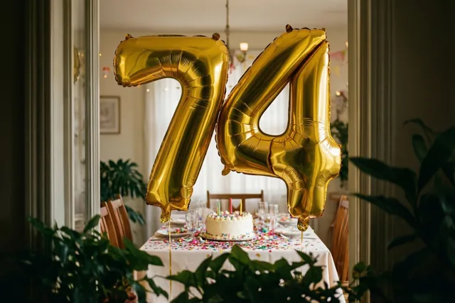 Grote gouden folieballonnen vormen 74 boven een feesttafel met taart en confetti, met groene planten op de voorgrond en warm licht.