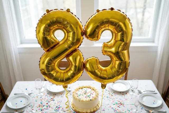 Gouden cijferballonnen vormen 83 boven een tafel met kleurrijke confetti, een kleine taart, witte borden en glazen.