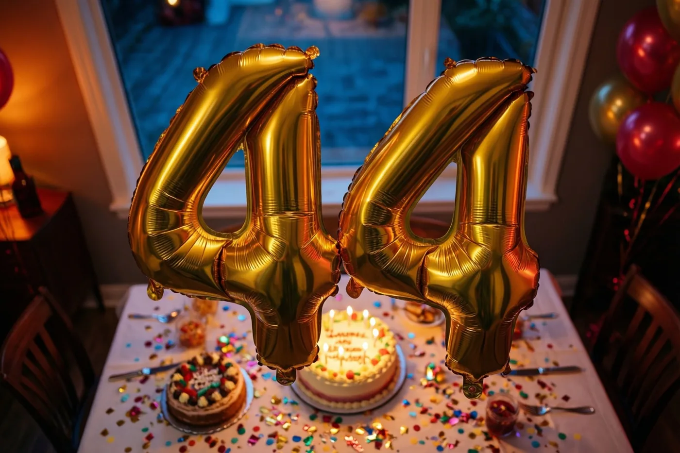 Twee grote gouden folieballonnen vormen 44 boven een feesttafel met confetti en twee taarten, met een raam op de achtergrond.