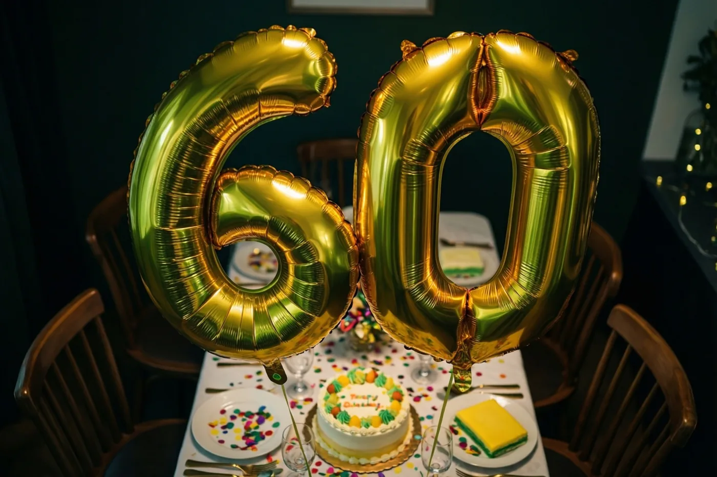 Gouden folieballonnen vormen 60 boven een gedekte tafel met confetti en een verjaardagstaart, in een warm verlichte ruimte met donkere muren en houten stoelen.