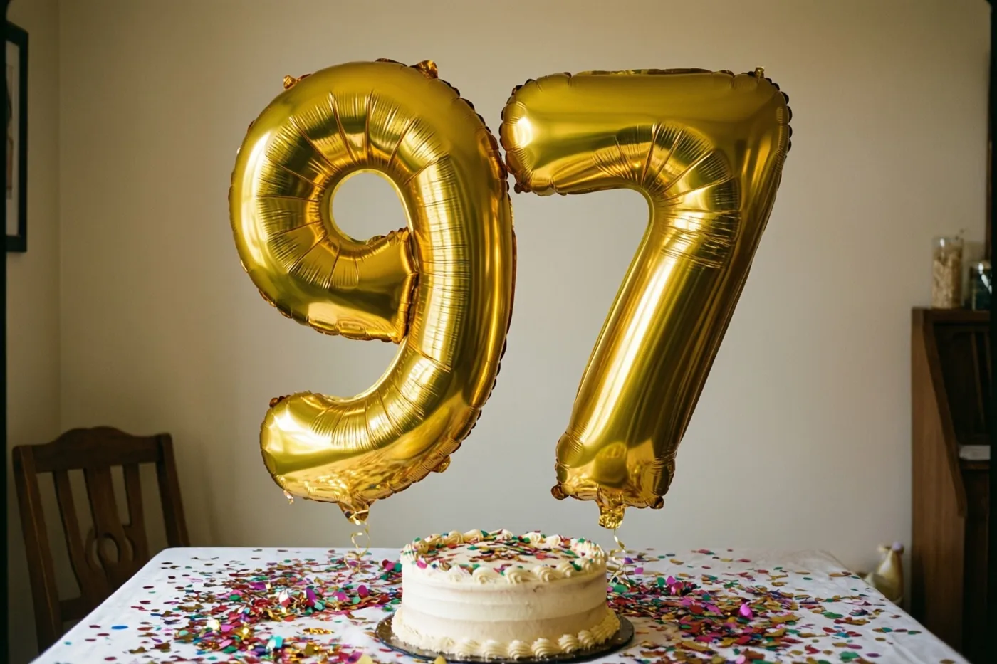 Grote gouden folieballonnen 9 en 7 zweven boven een wit tafelkleed met confetti en een kleine geglazuurde taart, met houten meubels op de achtergrond.