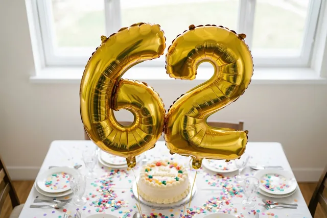 Gouden folieballonnen in de vorm van 6 en 2 zweven boven een gedekte tafel met confetti en een witte taart, verlicht door een raam.