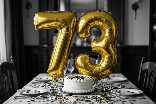 Gouden folieballonnen vormen 73 boven een tafel met een witte taart, confetti en borden in een schemerige kamer met donkere houten meubels en een monochrome achtergrond.