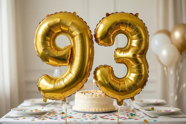 Twee glanzende gouden ballonnen in de vorm van een 9 en een 3 hangen boven een tafel met kleurrijke confetti en een witte taart.