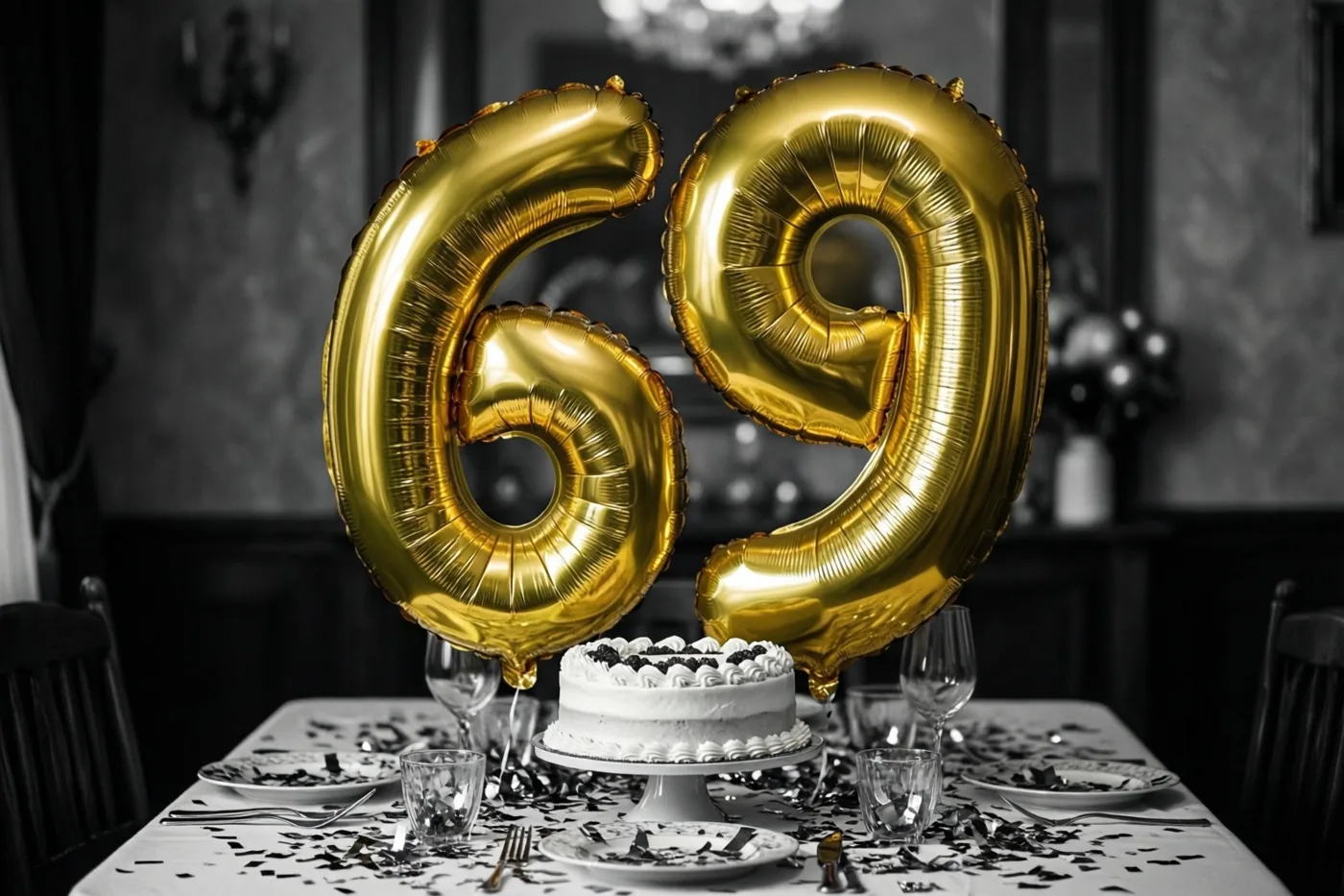 Grote gouden folieballonnen vormen 69 boven een feesttafel met zwarte confetti en een witte taart in een gedimd verlichte eetkamer met zwart-witte decoratie.