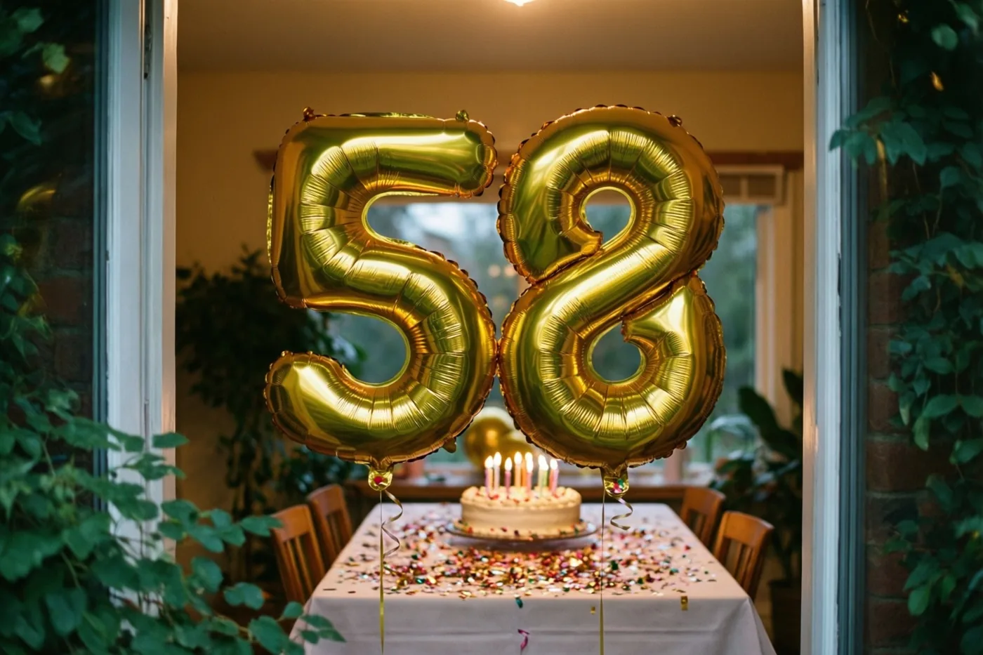 Gouden cijferballonnen vormen 58 boven een tafel met taart, brandende kaarsjes en confetti, gezien door een deuropening met groen aan weerszijden.