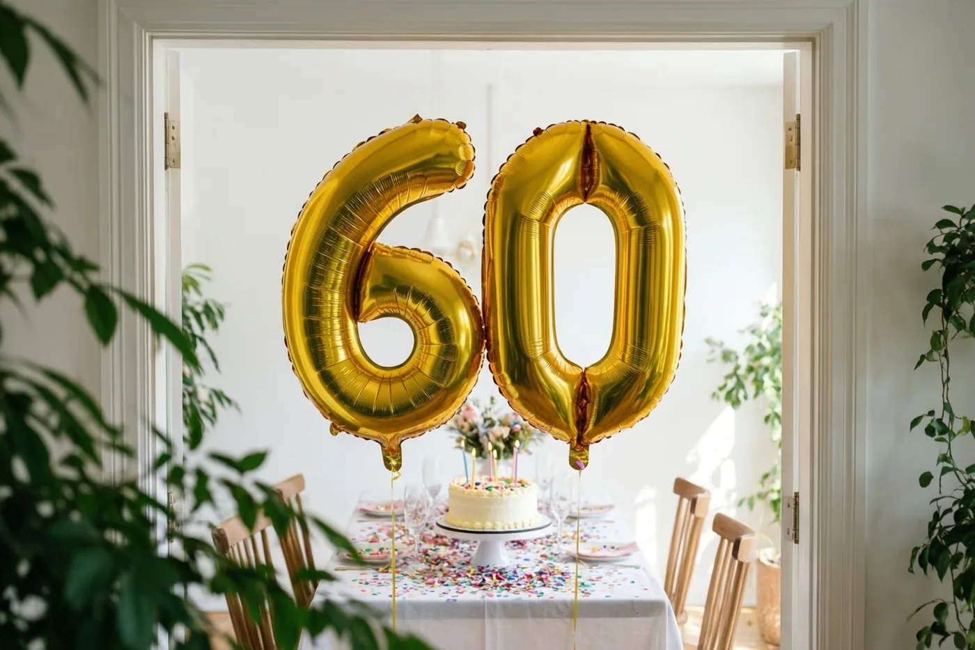 Door een open deur zijn gouden folieballonnen in de vorm van 60 boven een tafel met taart en confetti te zien, omlijst door groene planten.