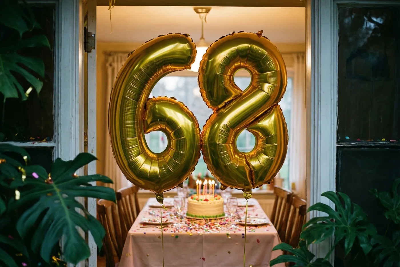 Door een deuropening is een warm verlichte eetkamer te zien met gouden folieballonnen in de vorm van 68 boven een tafel met taart en confetti, met planten aan weerszijden.