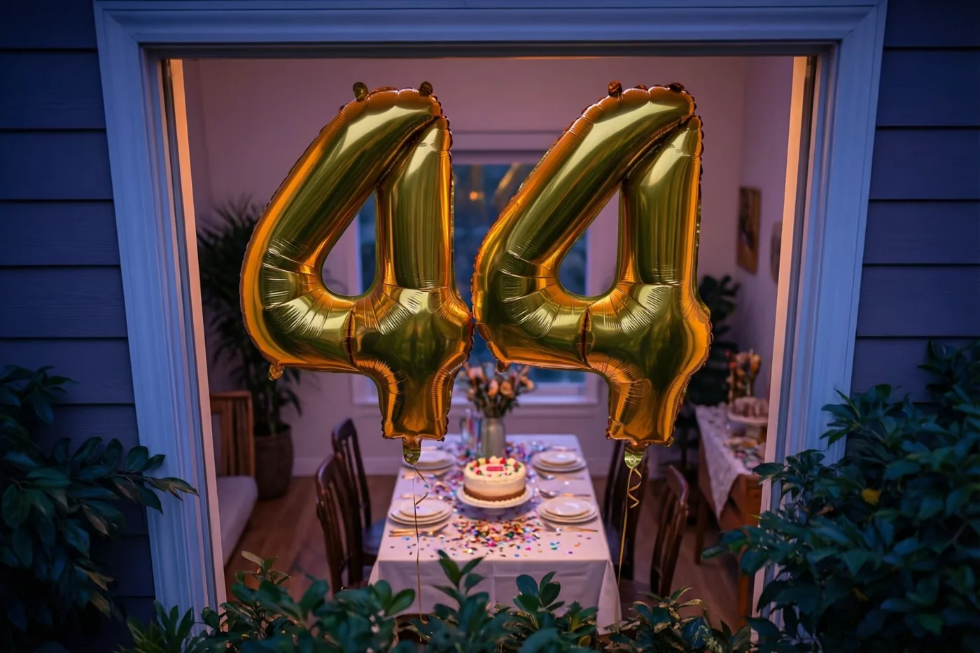 Door een deuropening zijn twee grote gouden folieballonnen in de vorm van 44 te zien boven een feestelijk gedekte tafel met confetti en een taart in warm licht.