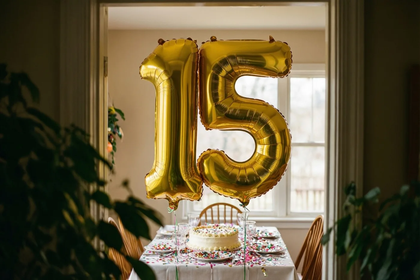 Door een deuropening zijn grote gouden folieballonnen met 15 te zien boven een feesttafel met taart en confetti in een warm verlichte kamer.