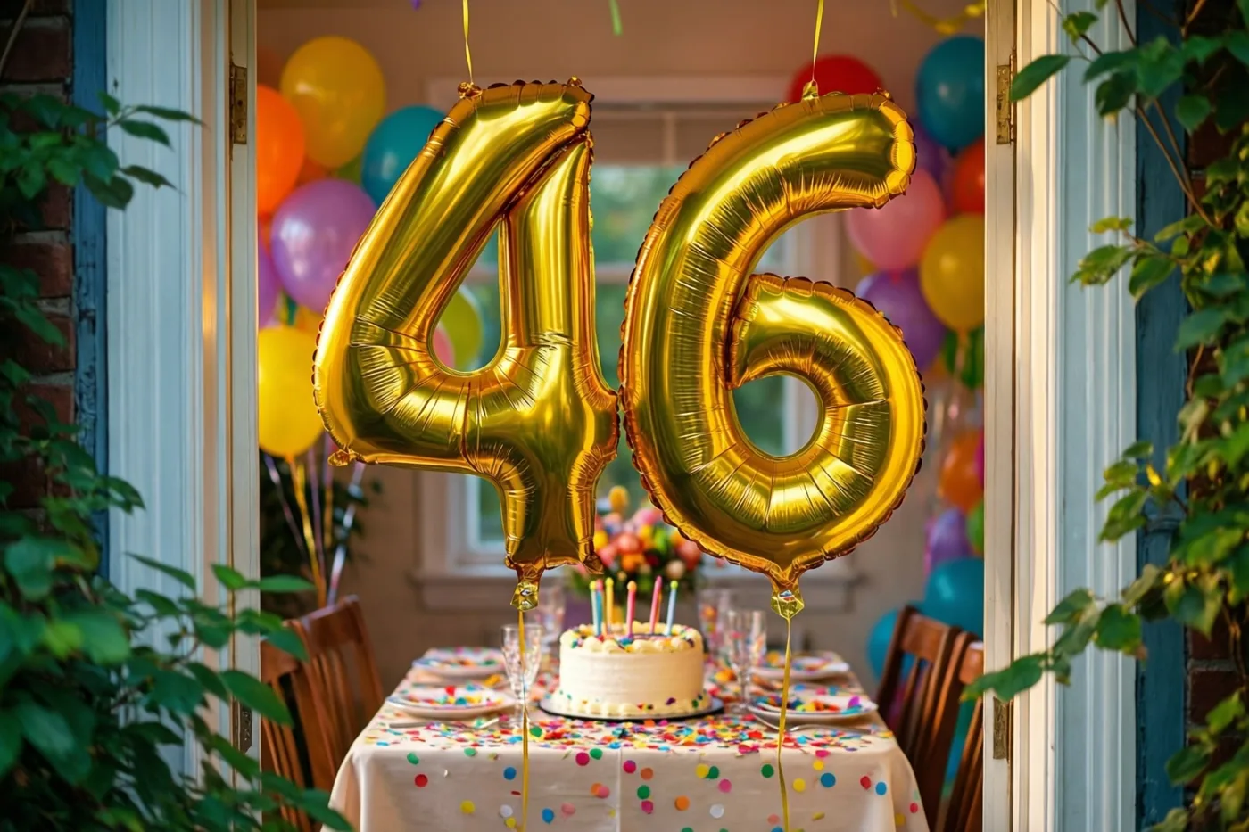 Door een open deuropening met groen aan weerszijden zijn gouden ballonnen in de vorm van 46 en een tafel met verjaardagstaart en confetti te zien.