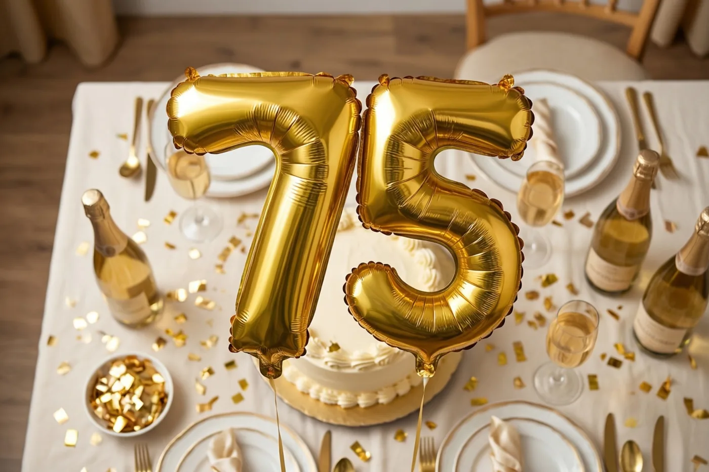 Gouden folieballonnen vormen 75 boven een taart op een wit gedekte tafel met gouden confetti, champagneflessen en witte borden.