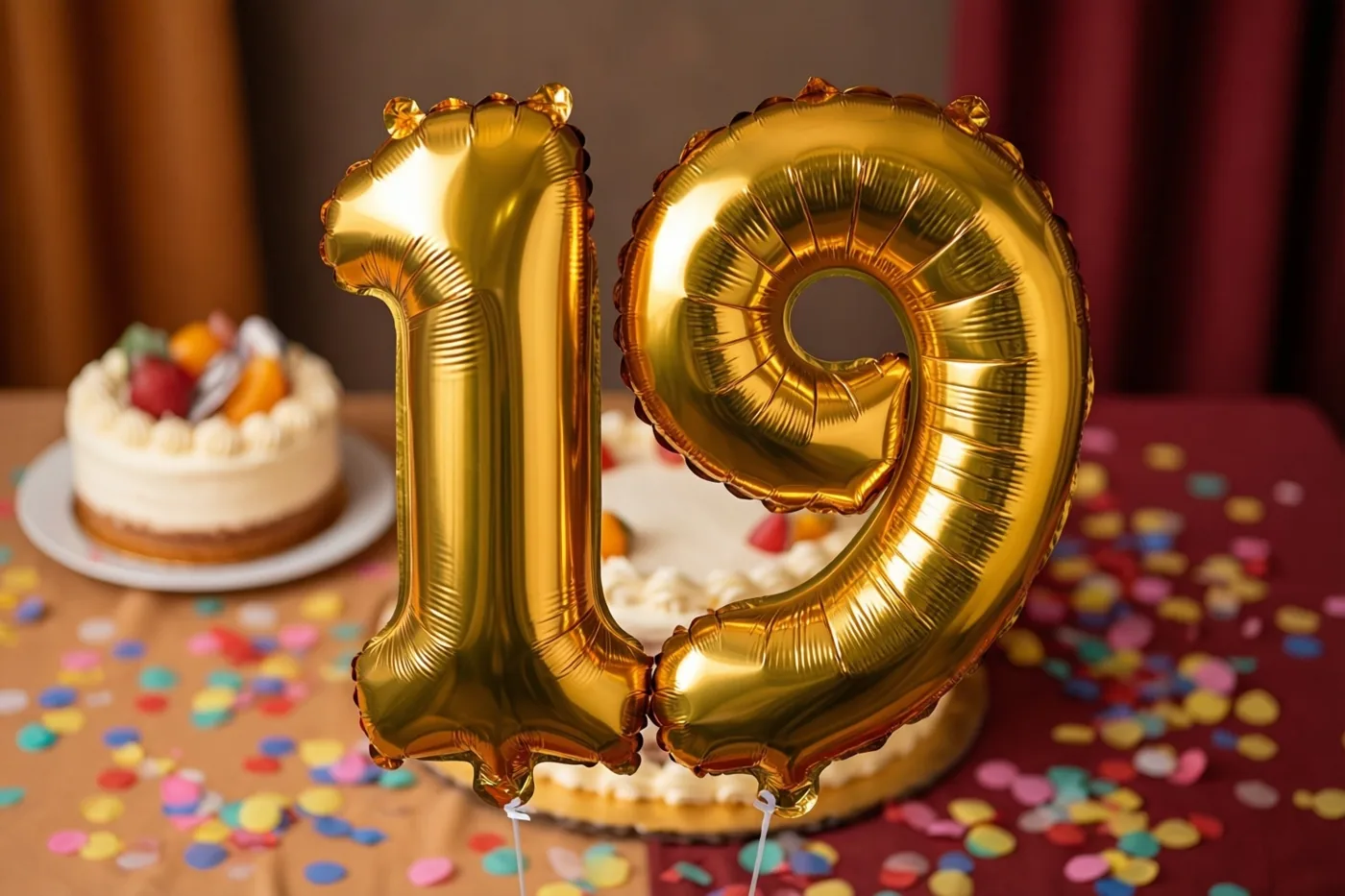 Twee glanzende gouden ballonnen vormen 19 boven een tafel met kleurrijke confetti, met achteraan een taart op een bord en gordijnen.