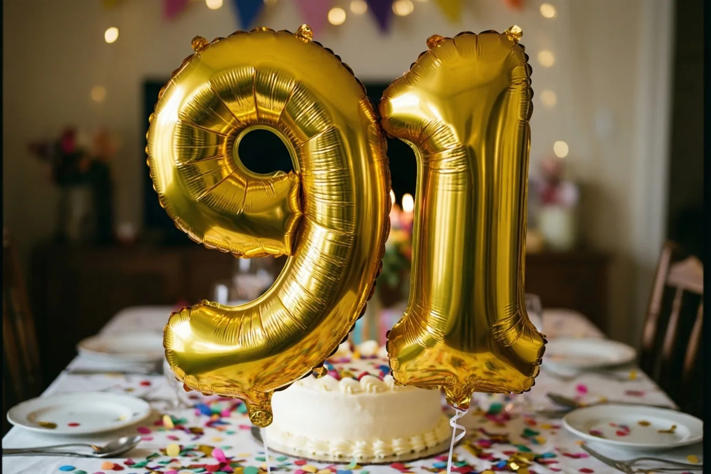 Gouden folieballonnen vormen 91 boven een tafel met gekleurde confetti en een witte taart, met lichtslingers en feestversiering op de achtergrond.