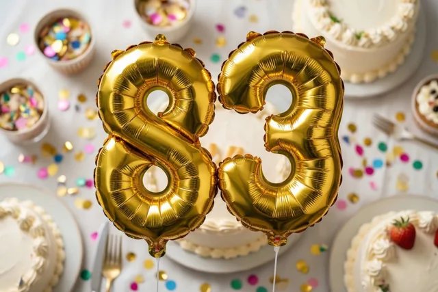 Gouden folieballonnen in de vorm van een 8 en een 3 zweven boven een tafel met kleurrijke confetti en meerdere taarten met wit glazuur.